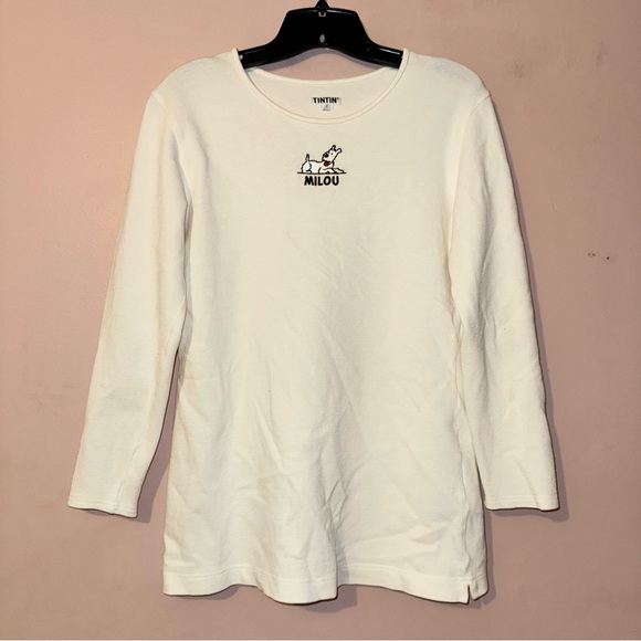 tintin Tops - Vintage TINTIN Milou Dog Cartoon Embroidered White Long Sleeve T Shirt Size 2